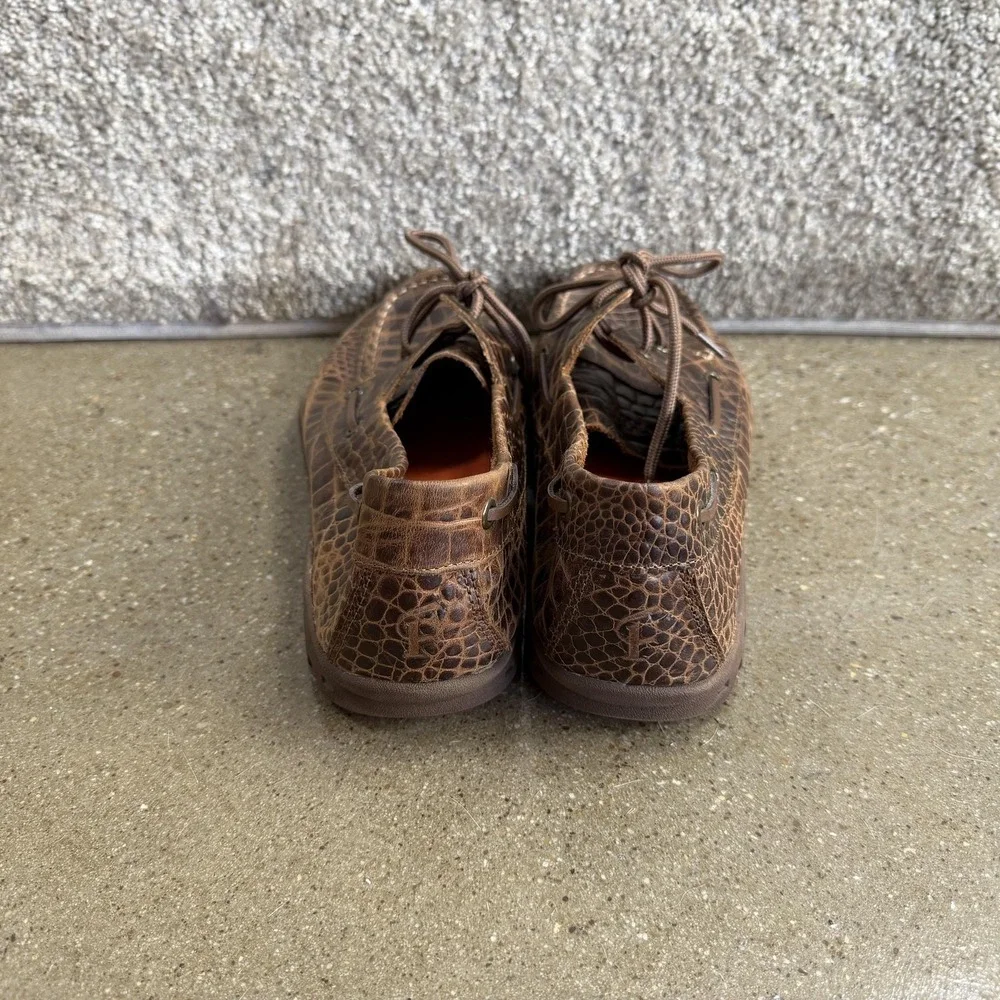 Croc Embossed Leather Boat Shoes Mens Size 11 Brown Lace Up Casual Square Toe